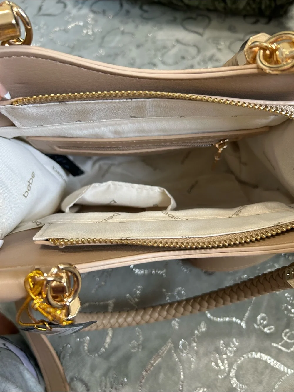 NWT Bebe Celia Beige Tan Logo Jacquard Braided-Handle Mini-Satchel